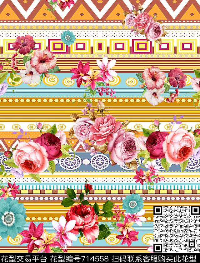 几何手绘花卉复古数码印花华亿平台下载（图片编号: 714558） - 瓦栏（Walan）