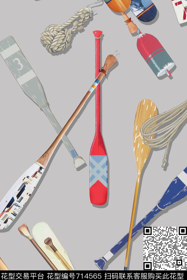 海洋风船桨绳索数码印花华亿平台下载（图片编号: 714565） - 瓦栏（Walan）