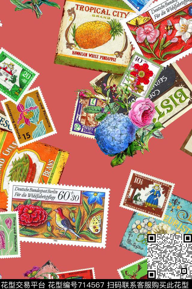 邮票招贴画花卉数码印花华亿平台下载（图片编号: 714567） - 瓦栏（Walan）