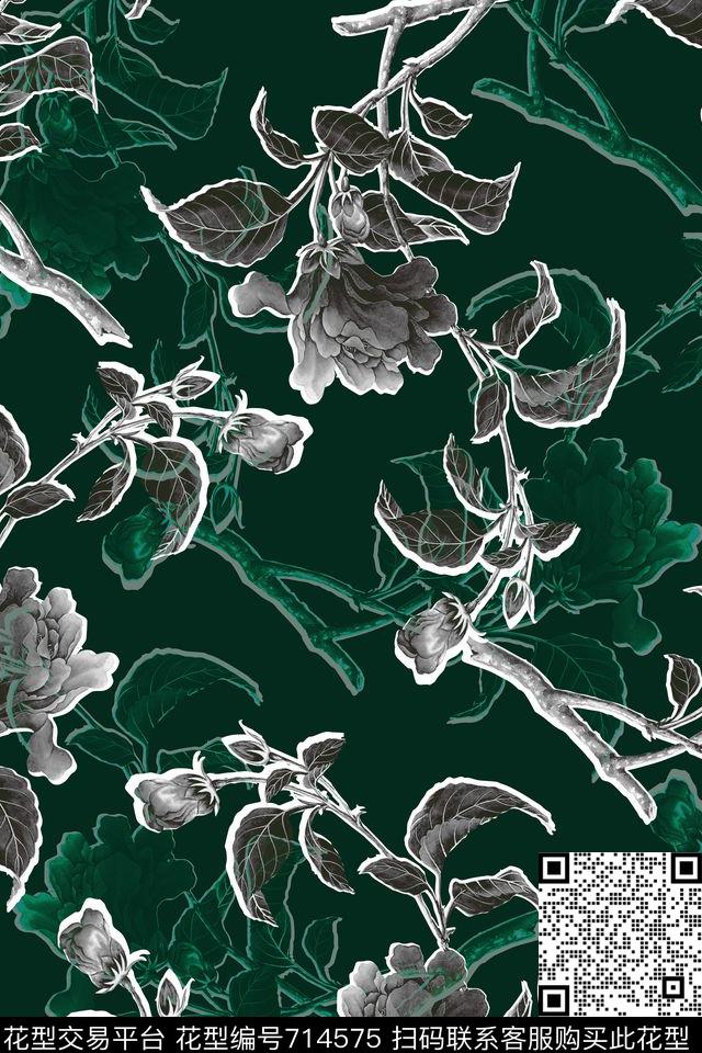 简单花枝满版花卉轮廓数码印花华亿平台下载（图片编号: 714575） - 瓦栏（Walan）