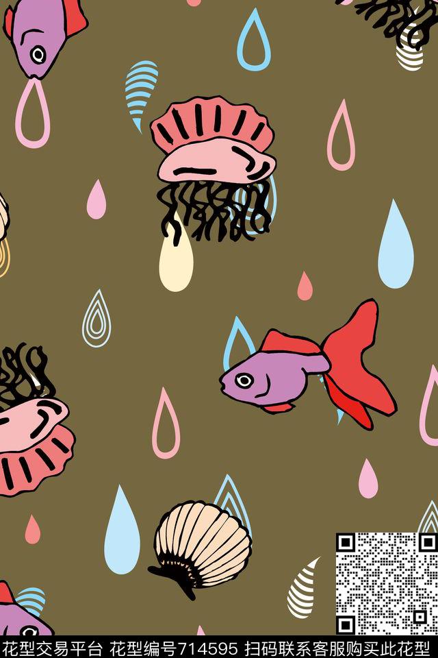 趣味卡通水滴鱼数码印花华亿平台下载（图片编号: 714595） - 瓦栏（Walan）