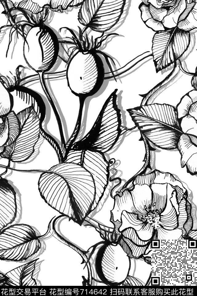黑白风简笔花卉线条花朵传统印花华亿平台下载（图片编号: 714642） - 瓦栏（Walan）
