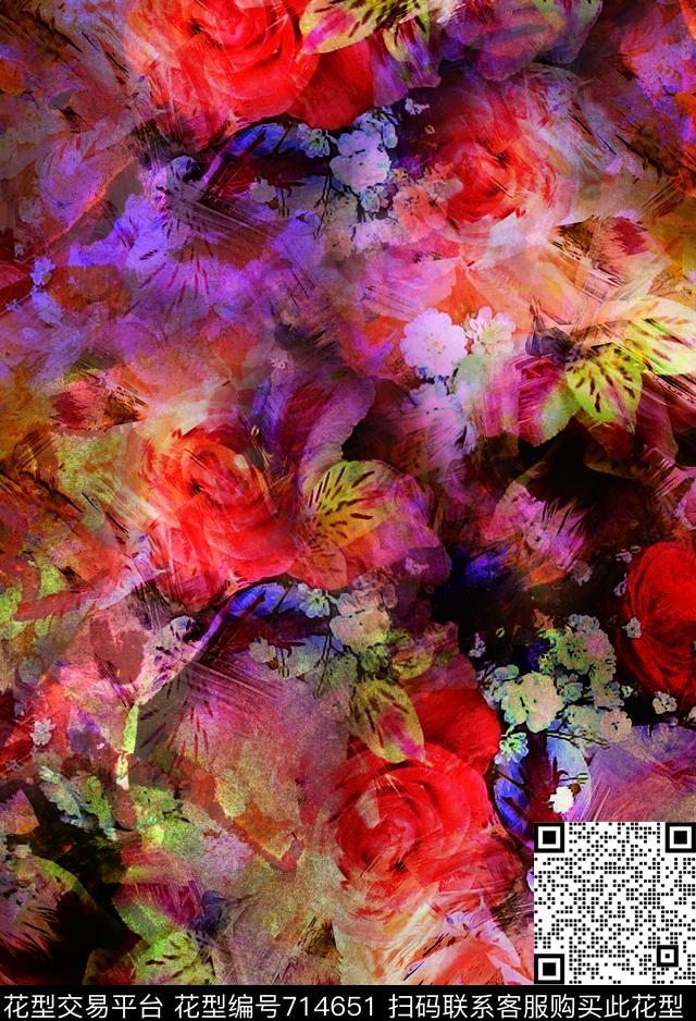 玫瑰香云纱花朵数码印花华亿平台下载（图片编号: 714651） - 瓦栏（Walan）