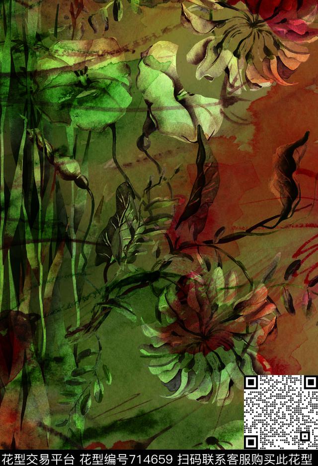 大花菊花香云纱数码印花华亿平台下载（图片编号: 714659） - 瓦栏（Walan）