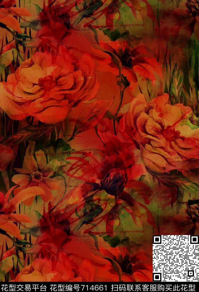 乱花大花玫瑰数码印花华亿平台下载（图片编号: 714661） - 瓦栏（Walan）