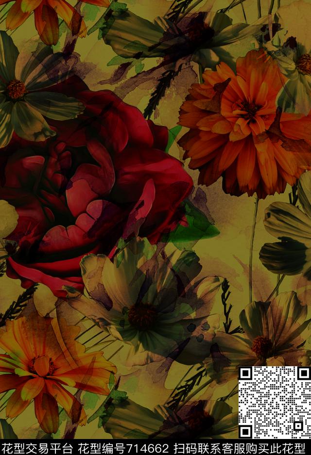乱花大花菊花数码印花华亿平台下载（图片编号: 714662） - 瓦栏（Walan）