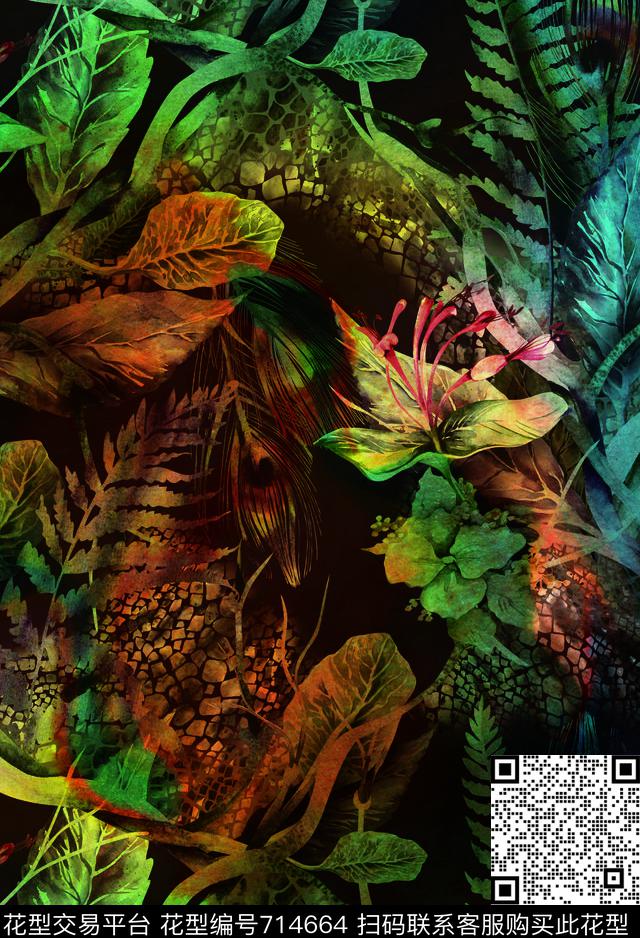 棕榈叶香云纱乱花数码印花华亿平台下载（图片编号: 714664） - 瓦栏（Walan）