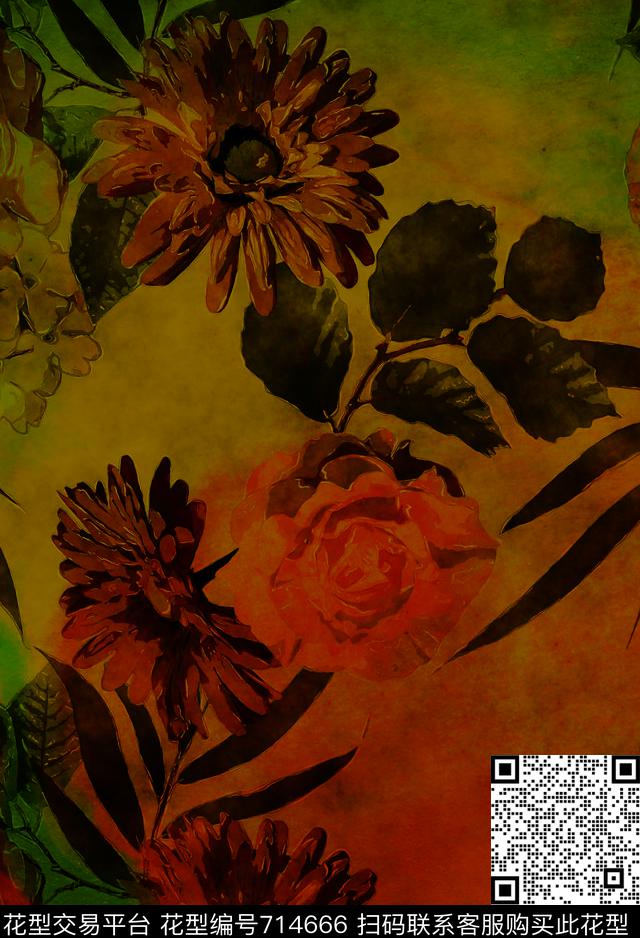 大花香云纱花朵数码印花华亿平台下载（图片编号: 714666） - 瓦栏（Walan）