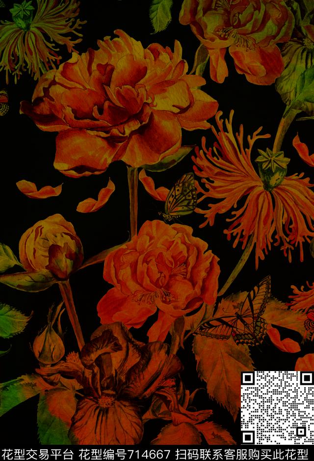 玫瑰香云纱大花数码印花华亿平台下载（图片编号: 714667） - 瓦栏（Walan）