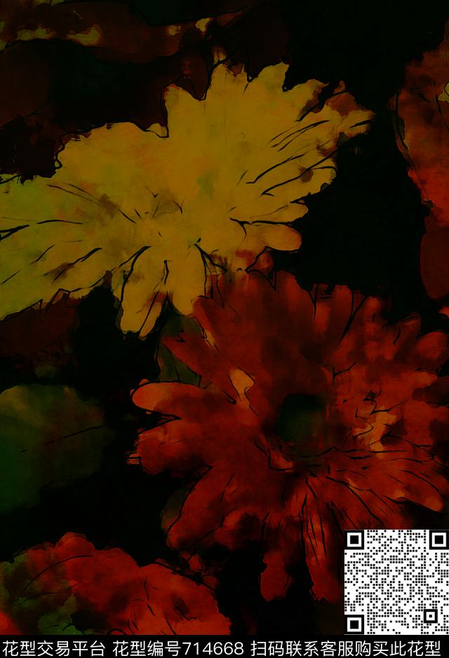 香云纱大花菊花数码印花华亿平台下载（图片编号: 714668） - 瓦栏（Walan）