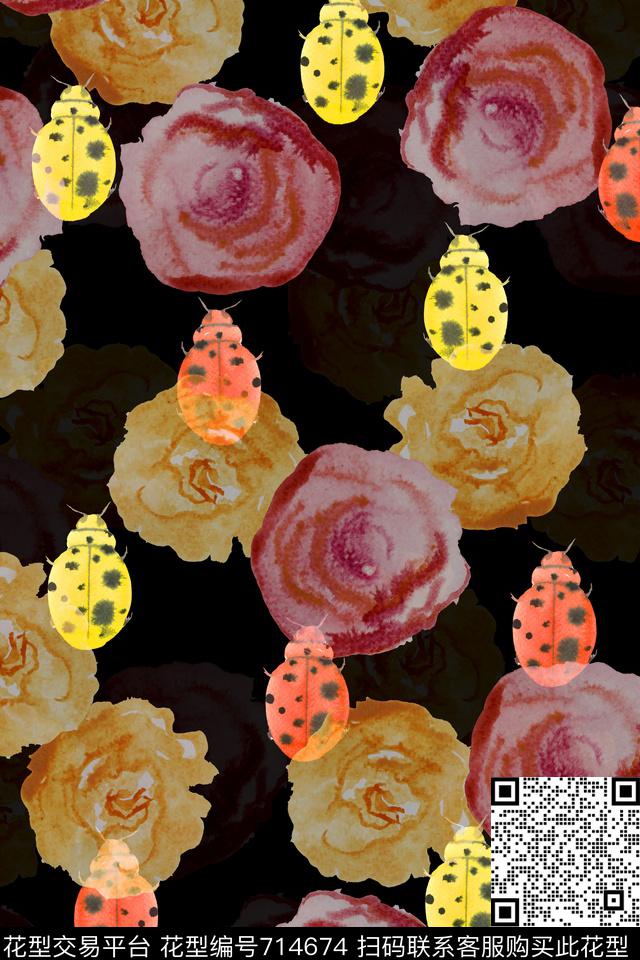 大花朵花卉昆虫数码印花华亿平台下载（图片编号: 714674） - 瓦栏（Walan）