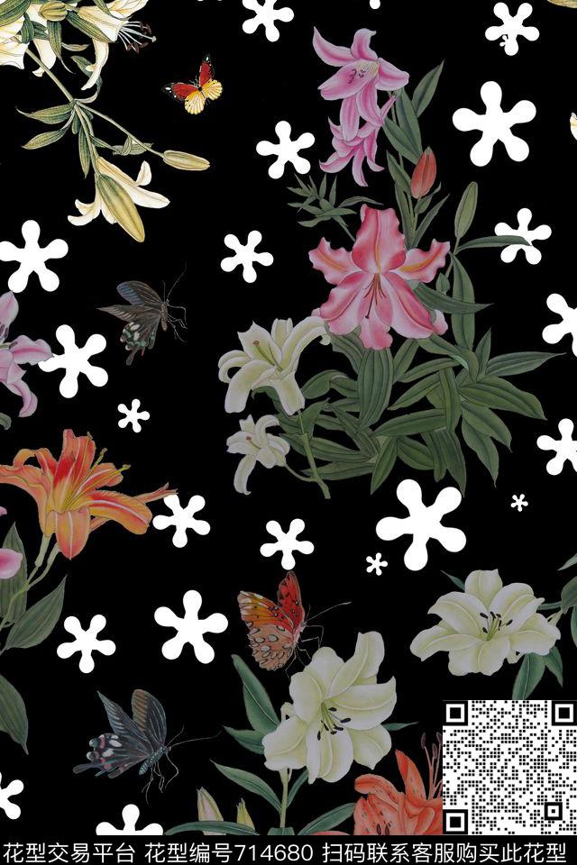 百合蝴蝶花朵数码印花华亿平台下载（图片编号: 714680） - 瓦栏（Walan）