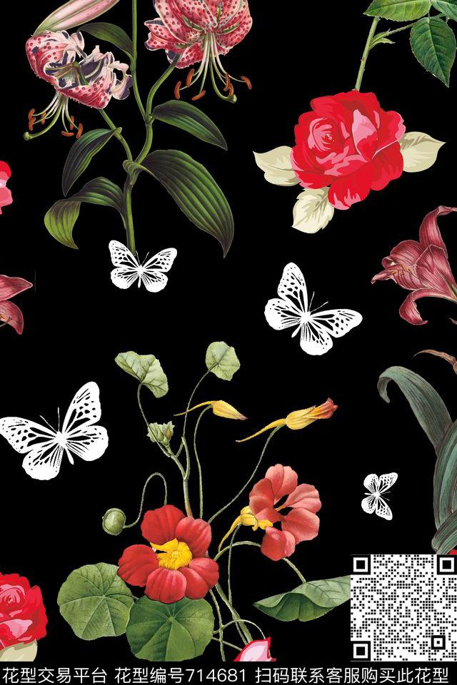 百合花卉蝴蝶数码印花华亿平台下载（图片编号: 714681） - 瓦栏（Walan）