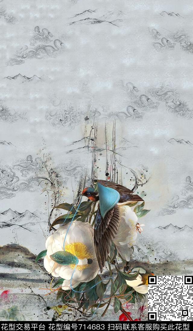 花卉国画古典数码印花华亿平台下载（图片编号: 714683） - 瓦栏（Walan）
