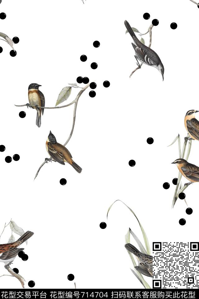 鸟点点枝条数码印花华亿平台下载（图片编号: 714704） - 瓦栏（Walan）