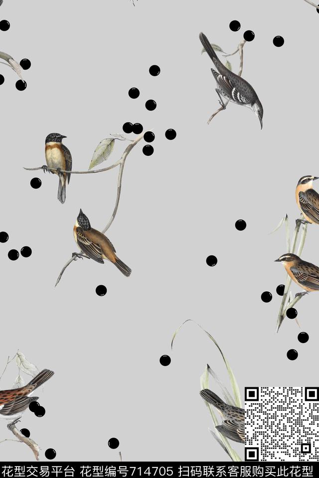鸟点点枝条数码印花华亿平台下载（图片编号: 714705） - 瓦栏（Walan）