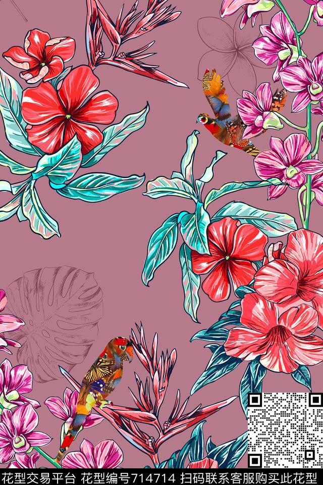 花朵花卉鸟数码印花华亿平台下载（图片编号: 714714） - 瓦栏（Walan）