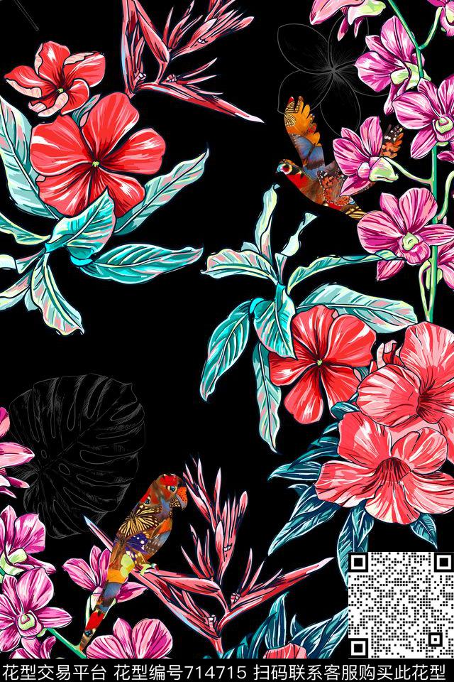 花朵花卉鸟数码印花华亿平台下载（图片编号: 714715） - 瓦栏（Walan）