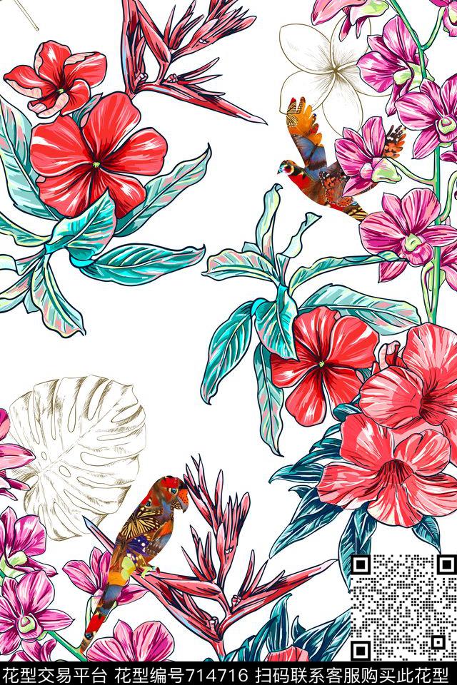 花朵花卉鸟数码印花华亿平台下载（图片编号: 714716） - 瓦栏（Walan）