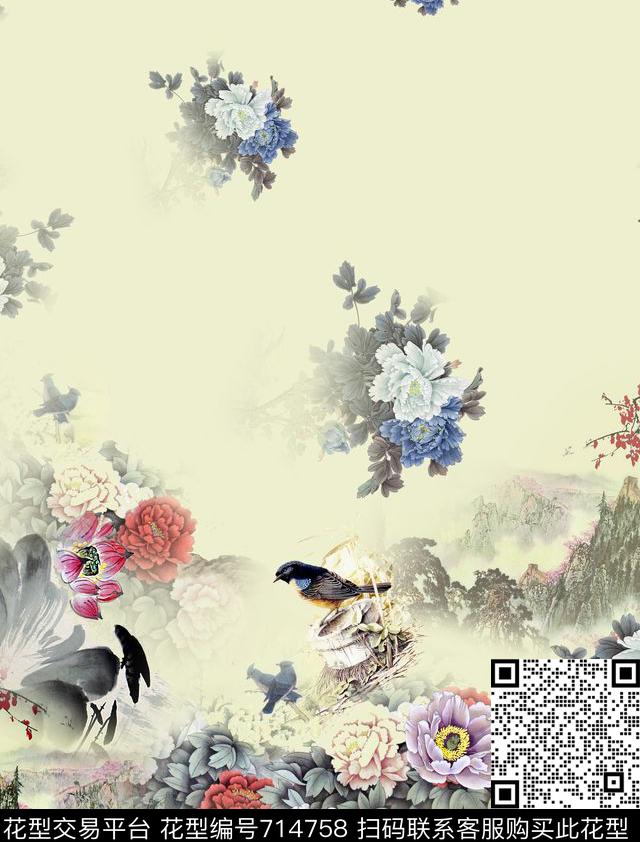 牡丹国画花鸟数码印花华亿平台下载（图片编号: 714758） - 瓦栏（Walan）