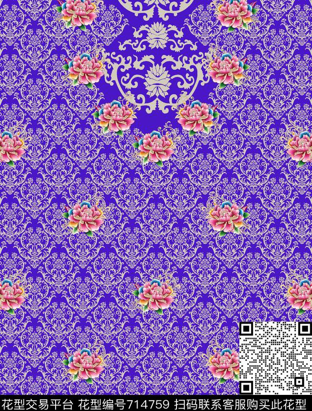 多彩平底欧式卷草纹数码印花华亿平台下载（图片编号: 714759） - 瓦栏（Walan）
