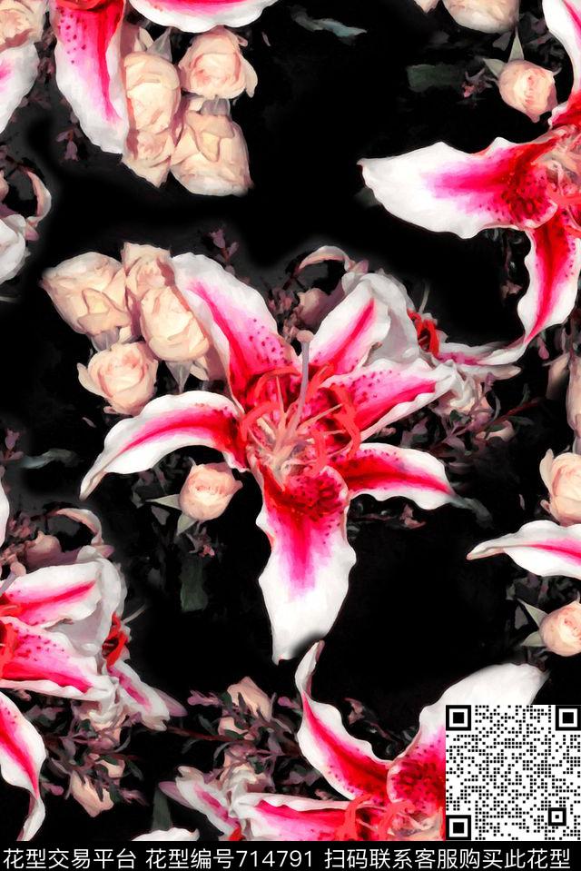 抽象手绘水彩画花卉数码印花时尚潮流女装裙子花朵印花欧美大牌女装复古印花数码印花华亿平台下载（图片编号: 714791） - 瓦栏（Walan）