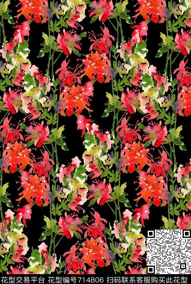 水彩花卉叶子条纹造型数码印花华亿平台下载（图片编号: 714806） - 瓦栏（Walan）