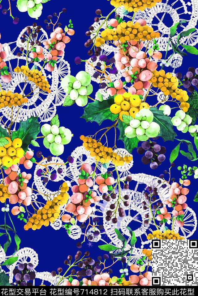 花卉小野果蕾丝底纹数码印花华亿平台下载（图片编号: 714812） - 瓦栏（Walan）