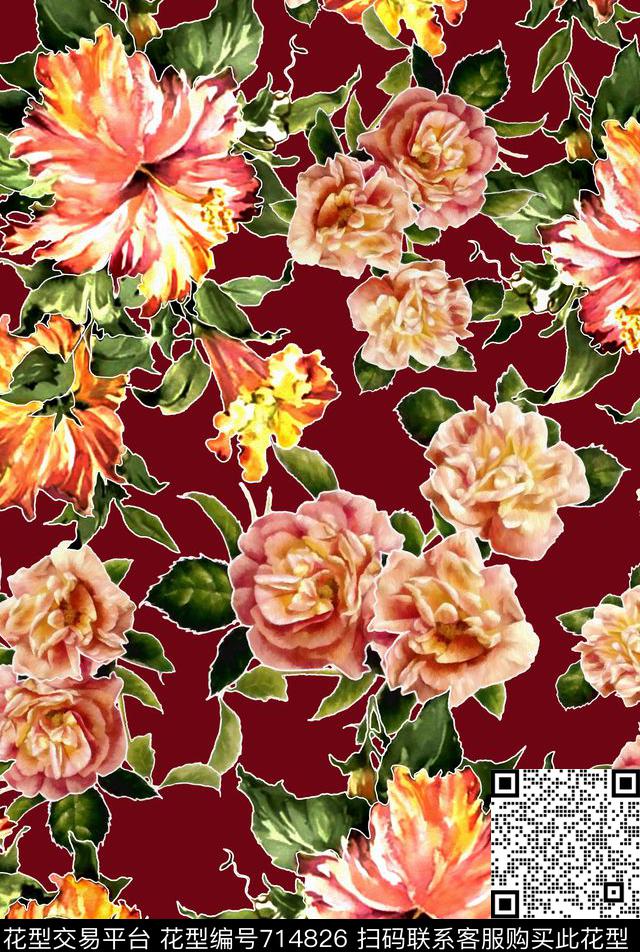 手绘水彩花卉叶子数码印花华亿平台下载（图片编号: 714826） - 瓦栏（Walan）
