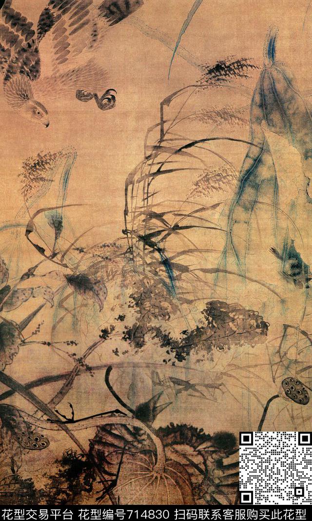 中国风、水墨画中国风、旗袍工笔画鸟、荷花数码印花华亿平台下载（图片编号: 714830） - 瓦栏（Walan）