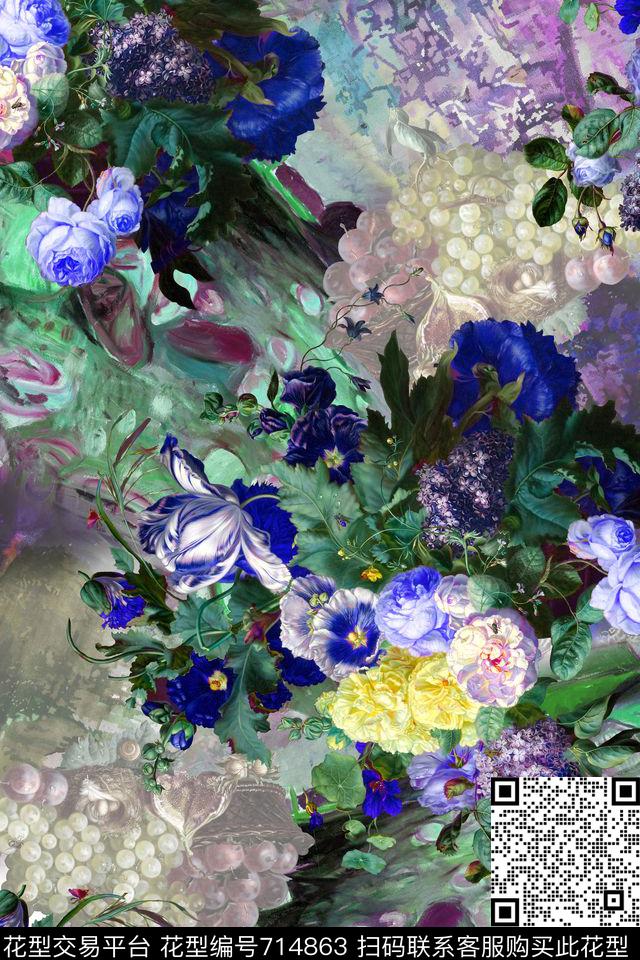 花卉油画花朵葡萄加花油画肌理数码印花华亿平台下载（图片编号: 714863） - 瓦栏（Walan）