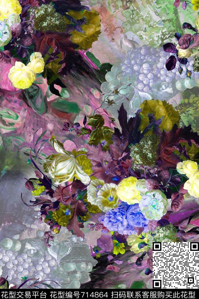 花卉油画花朵葡萄加花油画肌理数码印花华亿平台下载（图片编号: 714864） - 瓦栏（Walan）