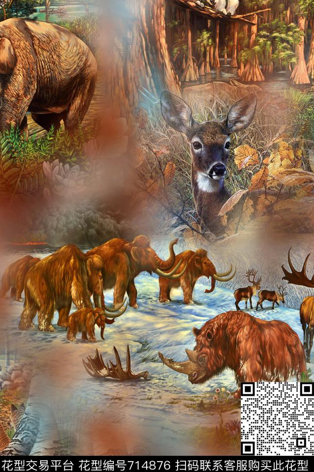 动物鹿大象数码印花华亿平台下载（图片编号: 714876） - 瓦栏（Walan）