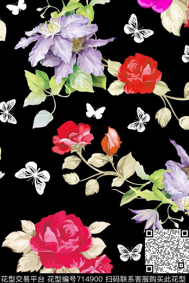 蝴蝶花朵花卉数码印花华亿平台下载（图片编号: 714900） - 瓦栏（Walan）