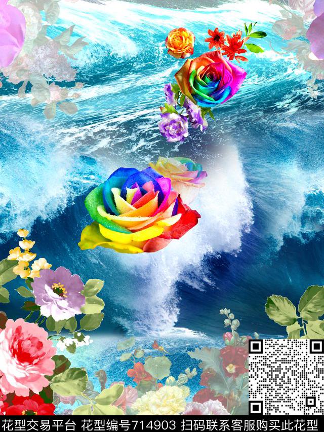 海浪花卉浪花加手绘花数码印花华亿平台下载（图片编号: 714903） - 瓦栏（Walan）