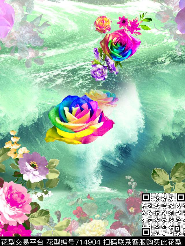 海浪花卉浪花加手绘花数码印花华亿平台下载（图片编号: 714904） - 瓦栏（Walan）