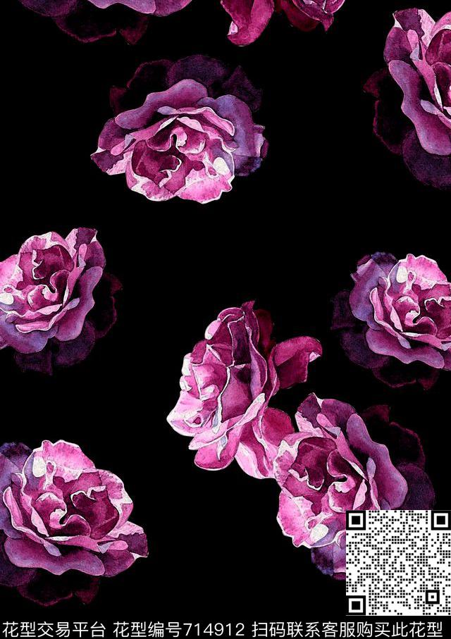 水彩花卉时尚数码印花华亿平台下载（图片编号: 714912） - 瓦栏（Walan）