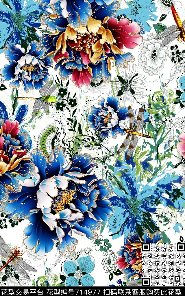 花朵青花牡丹数码印花华亿平台下载（图片编号: 714977） - 瓦栏（Walan）