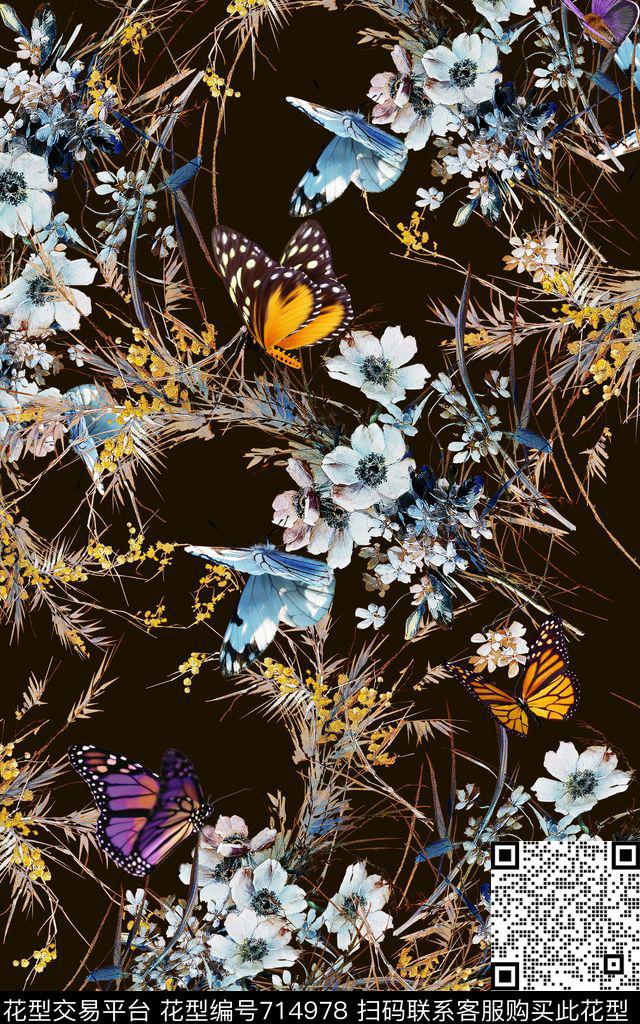 花卉花朵蝴蝶数码印花华亿平台下载（图片编号: 714978） - 瓦栏（Walan）