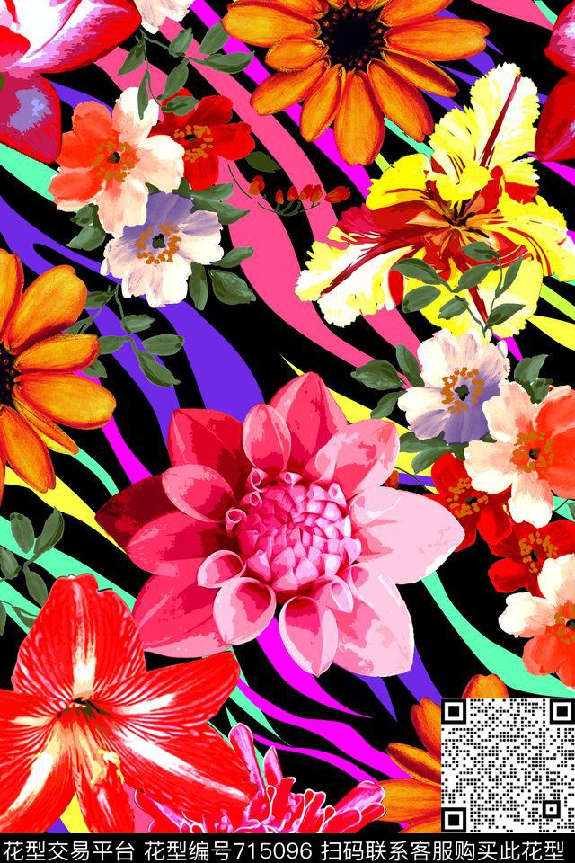 条纹花卉清爽花卉原创手绘花卉数码印花华亿平台下载（图片编号: 715096） - 瓦栏（Walan）