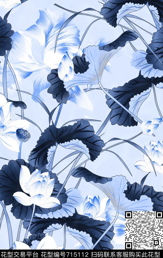 手绘花卉荷花荷叶数码印花华亿平台下载（图片编号: 715112） - 瓦栏（Walan）