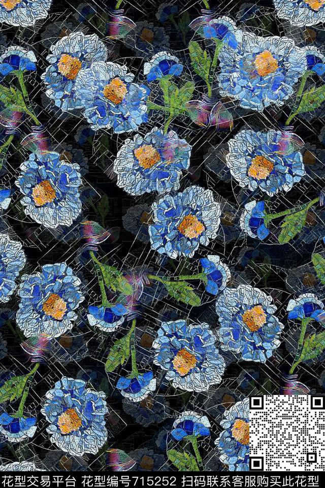 青蓝雅韵系列抽象花卉迷彩混搭数码印花华亿平台下载（图片编号: 715252） - 瓦栏（Walan）