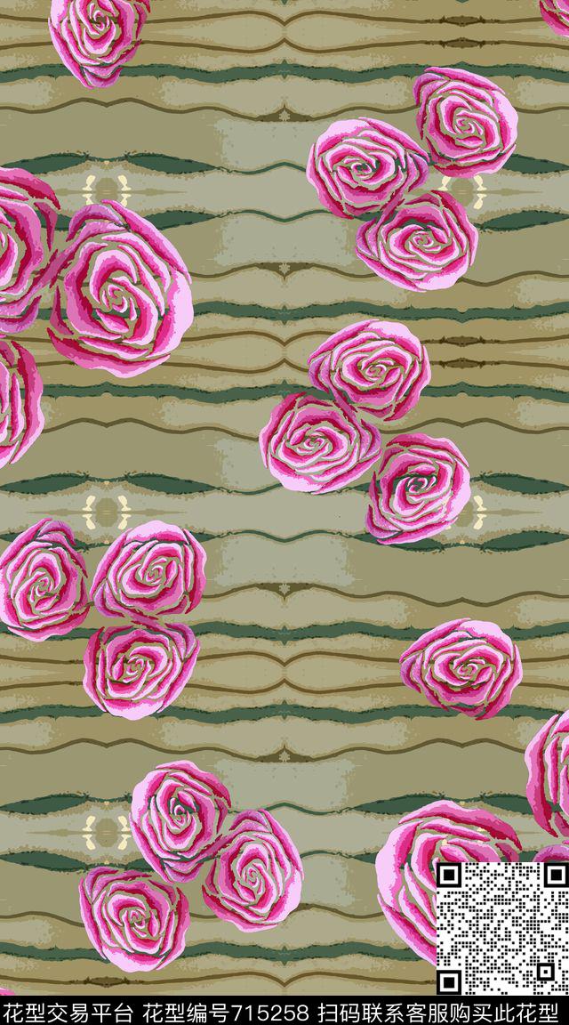 抽象图案创意花卉组合波纹底数码印花华亿平台下载（图片编号: 715258） - 瓦栏（Walan）
