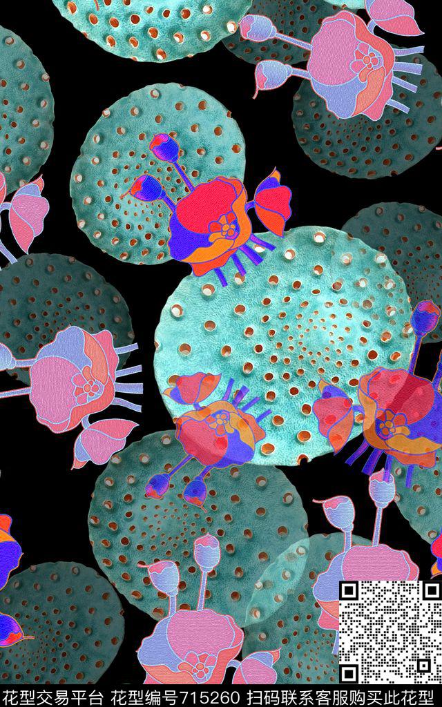 抽象花卉荷花意向莲蓬意向数码印花华亿平台下载（图片编号: 715260） - 瓦栏（Walan）