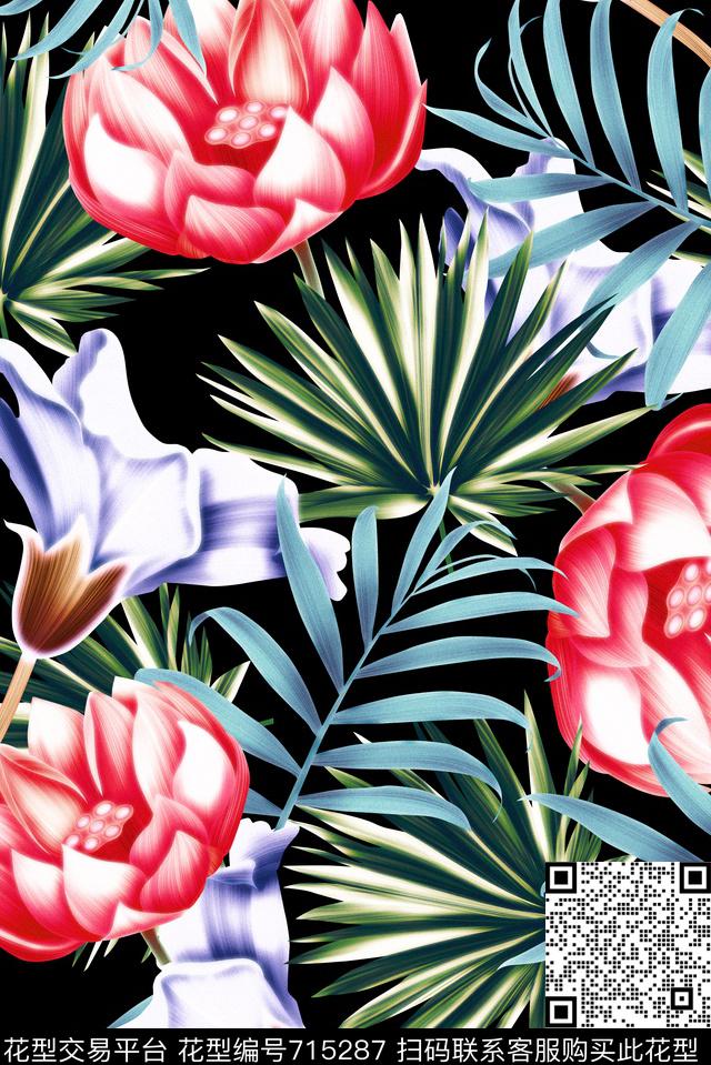天堂鸟花棕榈叶热带数码印花华亿平台下载（图片编号: 715287） - 瓦栏（Walan）