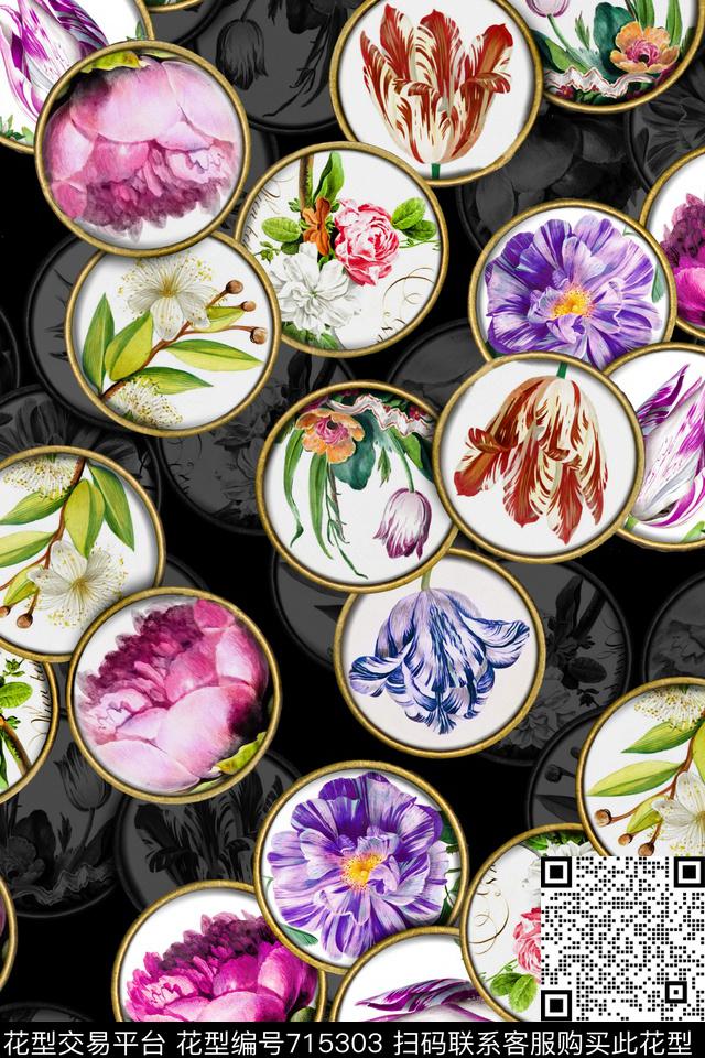 几何圆圈花卉数码印花华亿平台下载（图片编号: 715303） - 瓦栏（Walan）