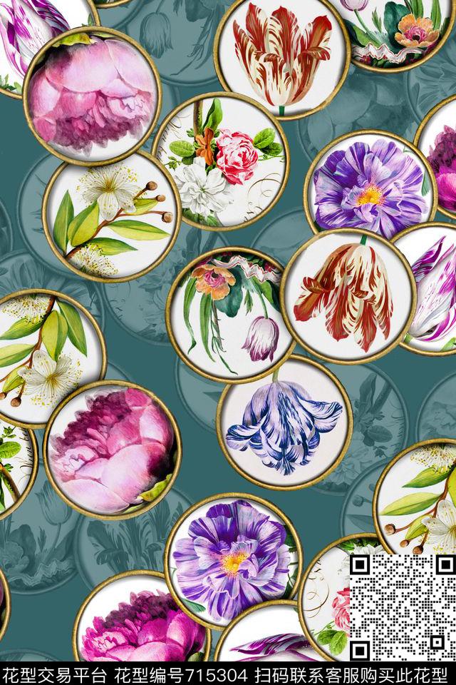 几何圆圈花卉数码印花华亿平台下载（图片编号: 715304） - 瓦栏（Walan）