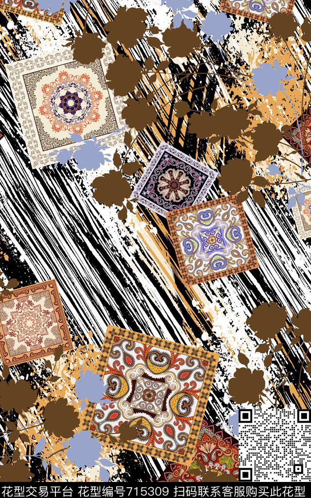 名族长条格子正方形数码印花华亿平台下载（图片编号: 715309） - 瓦栏（Walan）