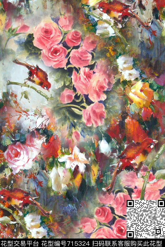 花鸟花卉油画数码印花华亿平台下载（图片编号: 715324） - 瓦栏（Walan）