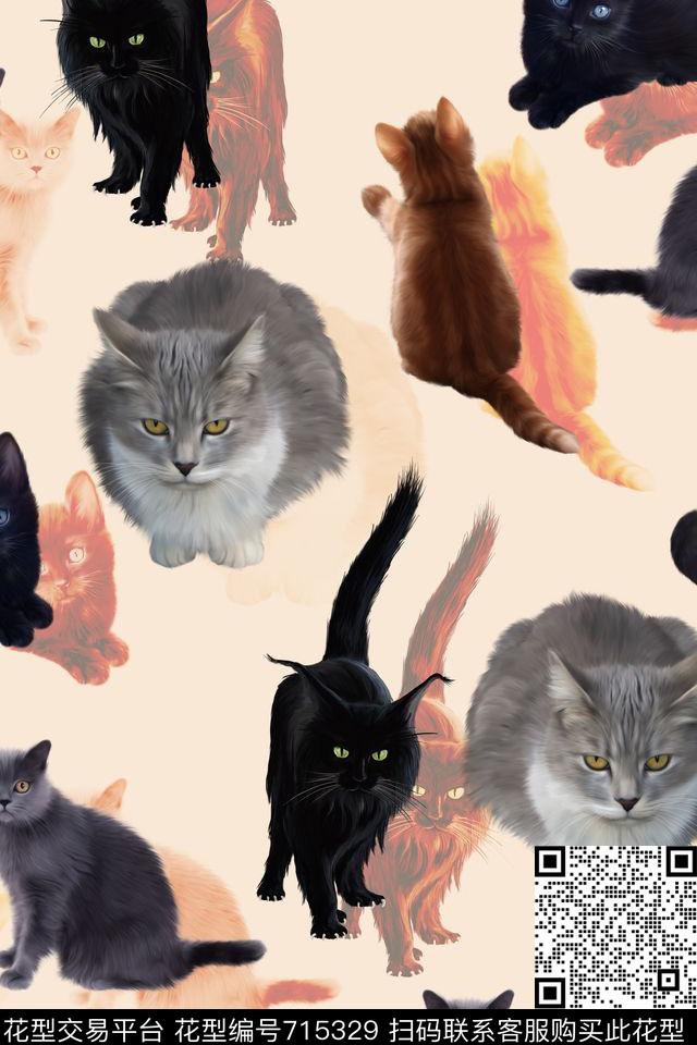 动物纹猫手绘数码印花华亿平台下载（图片编号: 715329） - 瓦栏（Walan）